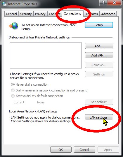 Windows 7 Internet Properties, Connections, LAN Settings